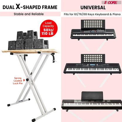 5Core Keyboard Stand Double X Style Adjustable Lift Piano Riser For 49 To 88 Keys WHITE