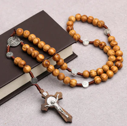 Wood Rosary Necklace Handcrafted Pine Cross