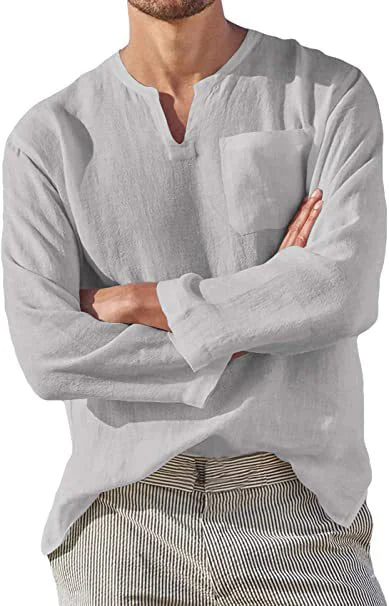 Hot Selling Men's Long Sleeve V-neck Casual Beach Linen Shirt For Men