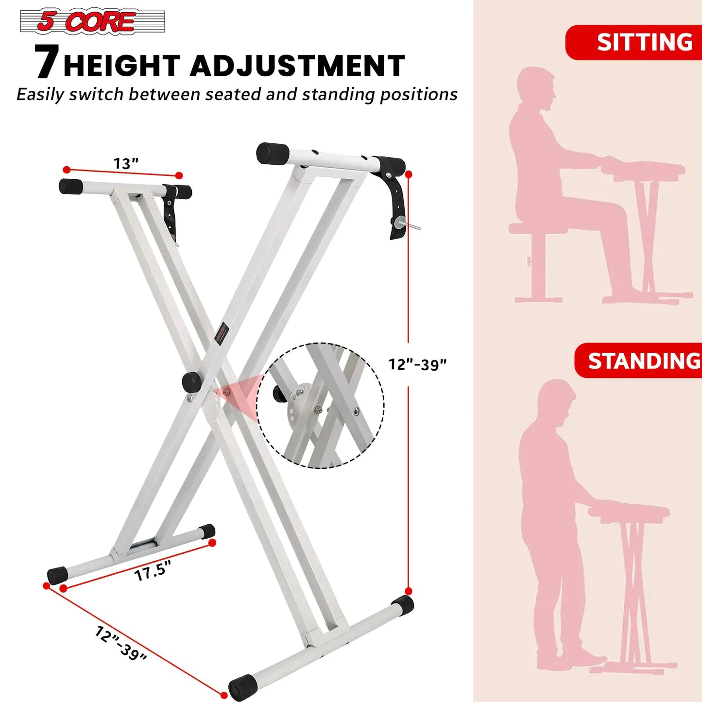 5Core Keyboard Stand Double X Style Adjustable Lift Piano Riser For 49 To 88 Keys WHITE