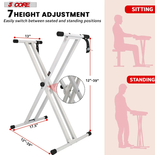 5Core Keyboard Stand Double X Style Adjustable Lift Piano Riser For 49 To 88 Keys WHITE