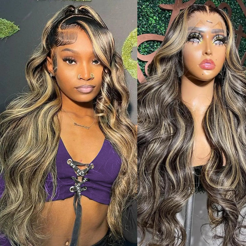 28 Inch 13x6 Ombre Lace Front Wig Human Hair Pre Plucked 1B/27 Highlight Blonde Lace Front Wigs Human Hair Body Wave HD Lace Frontal Wigs 180% Density Balayage Blonde Wig Human Hair Pre Plucked