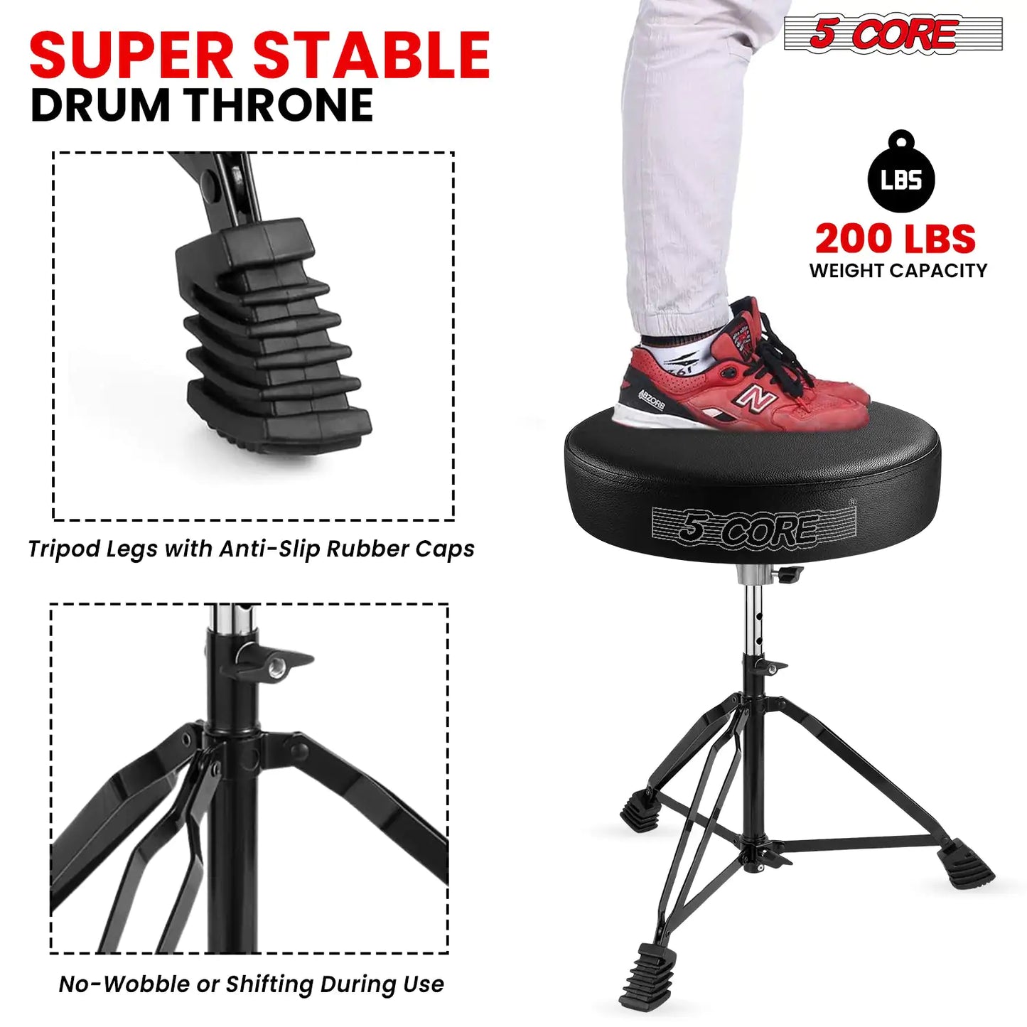 5Core Drum Throne Padded Guitar Stool Adjustable Drummer Seat for Adults & Kids BLACK