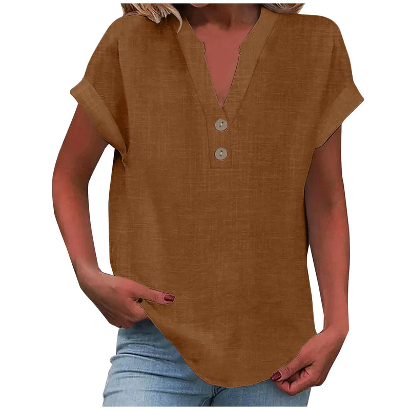 Deals Under 10 Dollars Lightning+Deals of Today Womens Cotton Linen Shirts Summer Casual Loose Fit Comfy Business Blouses V Neck Button Down Short Sleeve Tops Prime Membership Coffee-2 M