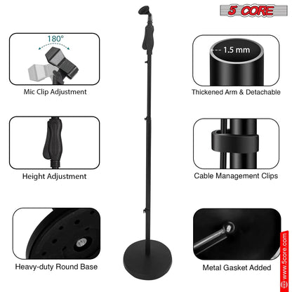 5Core Universal Microphone Stand Height Adjustable 35 to 57" Round Base Floor Mic Holder Metal Build