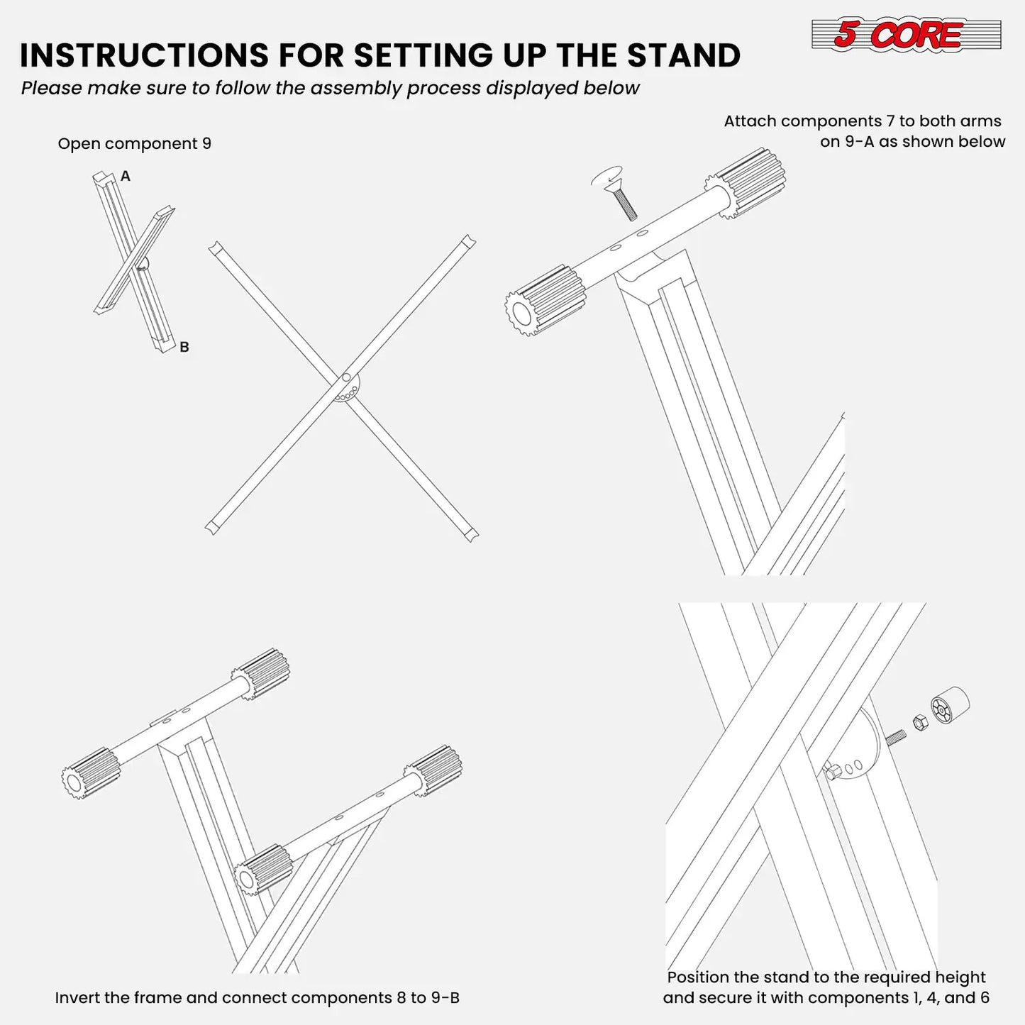 5Core Keyboard Stand Double X Style Adjustable Lift Piano Riser For 49 To 88 Keys WHITE