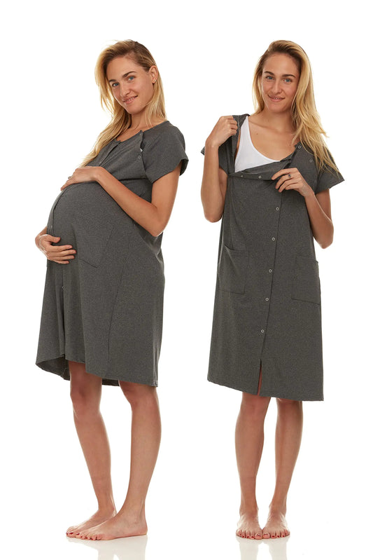 Ezi Women Labor and Delivery Gown - Soft & Comfortable Hospital Gowns for Women - Nursing Nightgowns for Women Breastfeeding Heather Gray