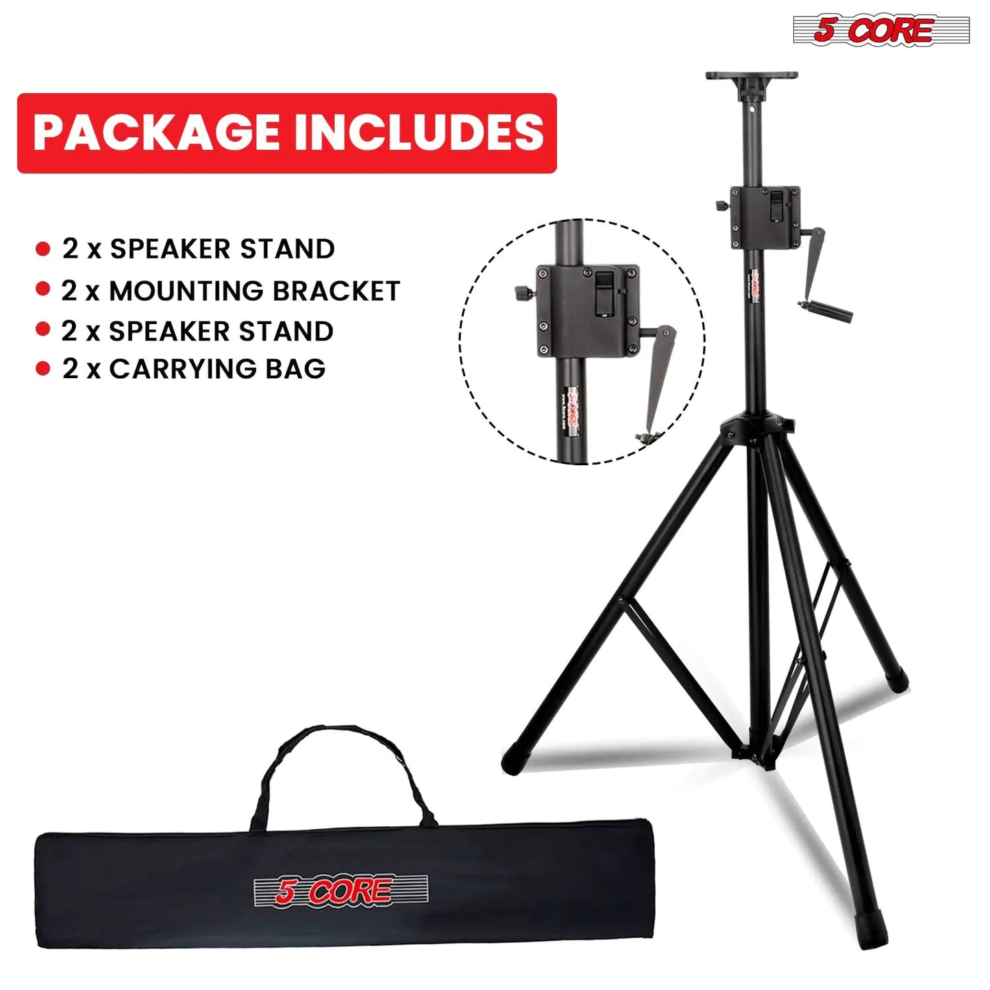 5 Core Speaker Stand Tripod Tall Crank Up Height Adjustable Heavy Duty Floor Stands 35mm PA Pole Mount