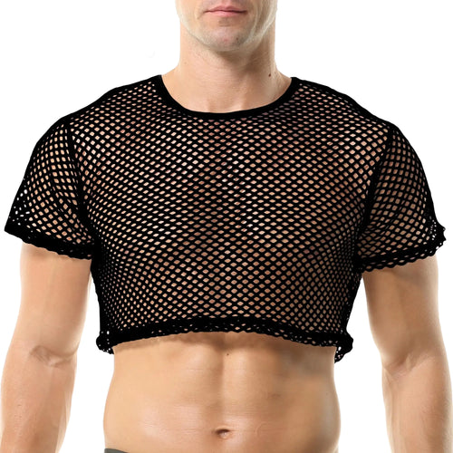 DTODWW Mens Mesh Shirts Fishnet T-Shirts See Through Sexy Round Neck Short Sleeve Sexy Muscle Crop Tee X-Black