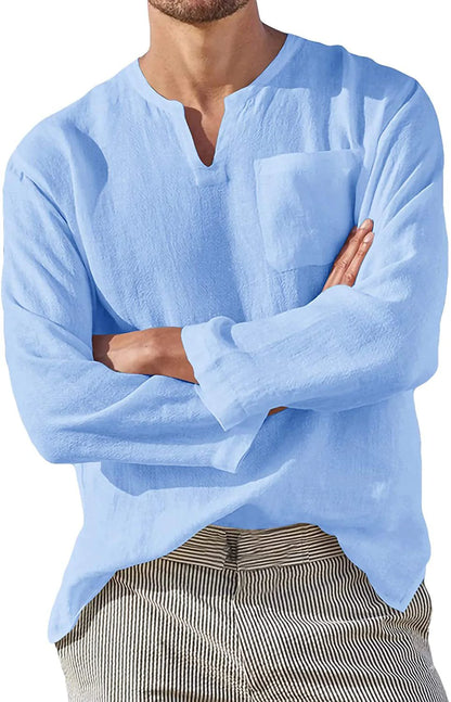 Hot Selling Men's Long Sleeve V-neck Casual Beach Linen Shirt For Men