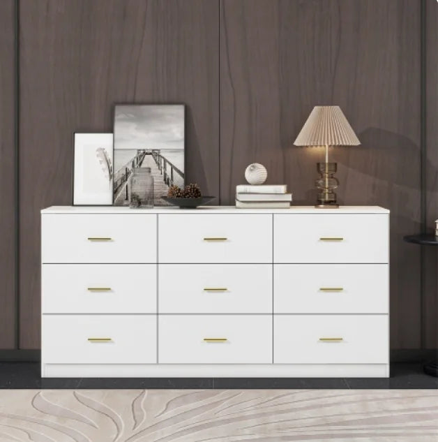 Modern White 9-Drawer Dresser For Bedroom - Ample Storage Wide Chest Of Drawers, Sturdy Safe