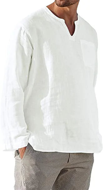 Hot Selling Men's Long Sleeve V-neck Casual Beach Linen Shirt For Men