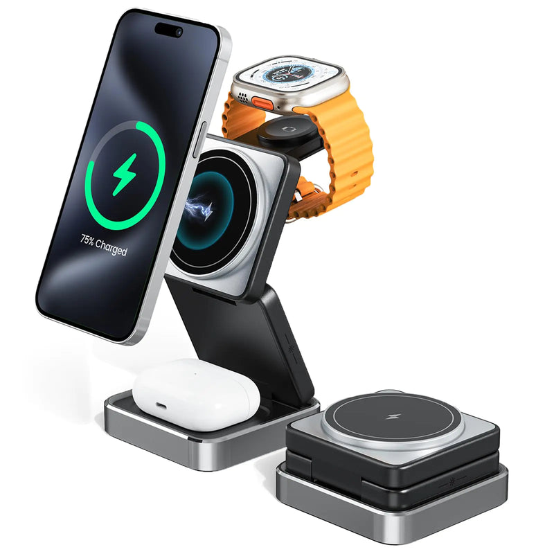 3-in-1 Wireless Charger for iPhone,15W Fast Wireless Charging Station Compatible with Mag-Safe Charger,Magnetic Foldable Travel Charger Stand Nightstand for iPhone 16/15/14/13/12,Apple Watch&AirPods