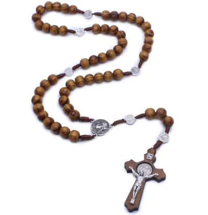 Wood Rosary Necklace Handcrafted Pine Cross